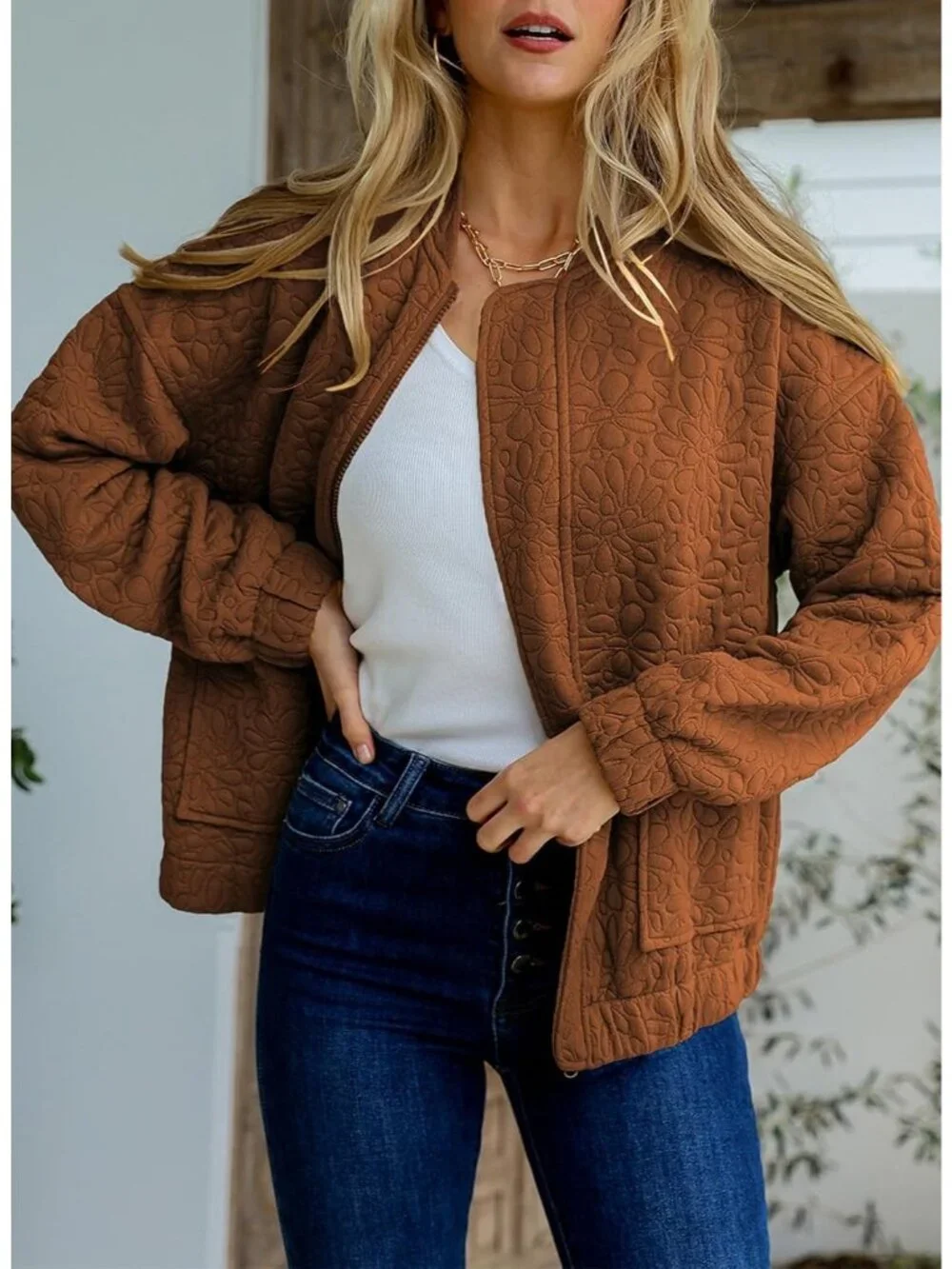 Women's Coffee Lightweight Stand Collar Long Sleeve Outerwear Bomber Jacket